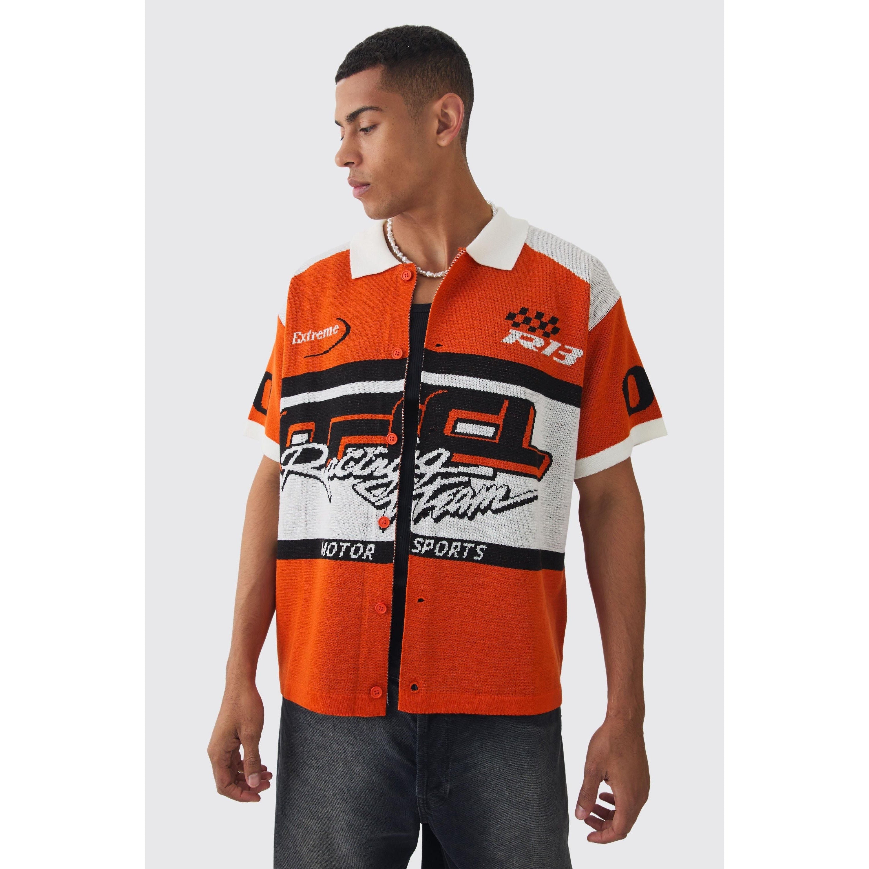 Men's Boxy Oversized Moto Knitted Short Sleeve Jacquard Shirt in Orange